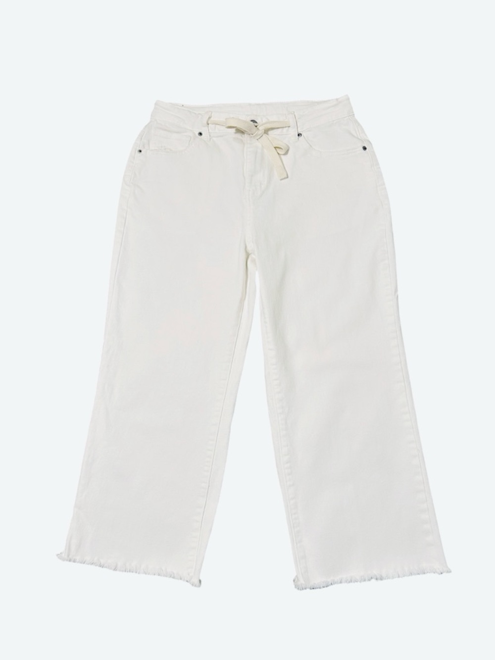 Sidefeel White Jeans Size 10 High-Rise Wide-Leg Waist Drawstring Tie Frayed Hem